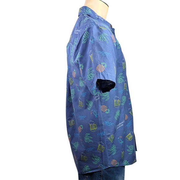 Party Pants NWT Med Short Sleeve Button Neon Sign Tropical Hawaiian Blue Shirt - Picture 3 of 10